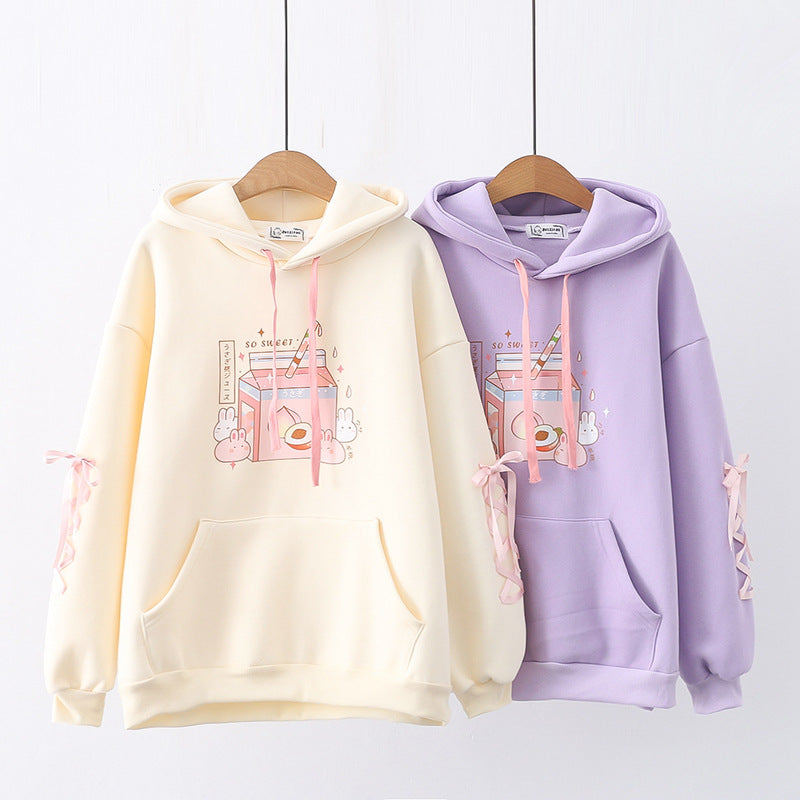 Cute Peach Bunny Fleece Pullover Hoodie