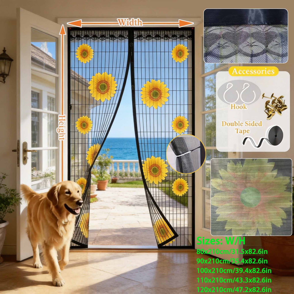 Magnetic Screen Door, Sunflower Print Mesh Curtain with Lace Edge, Hands-free Self-closing Insect Mosquito Net, Keep Bugs Out Pet Friendly, Fits Single Door for Home Patio Kitchen Doorway