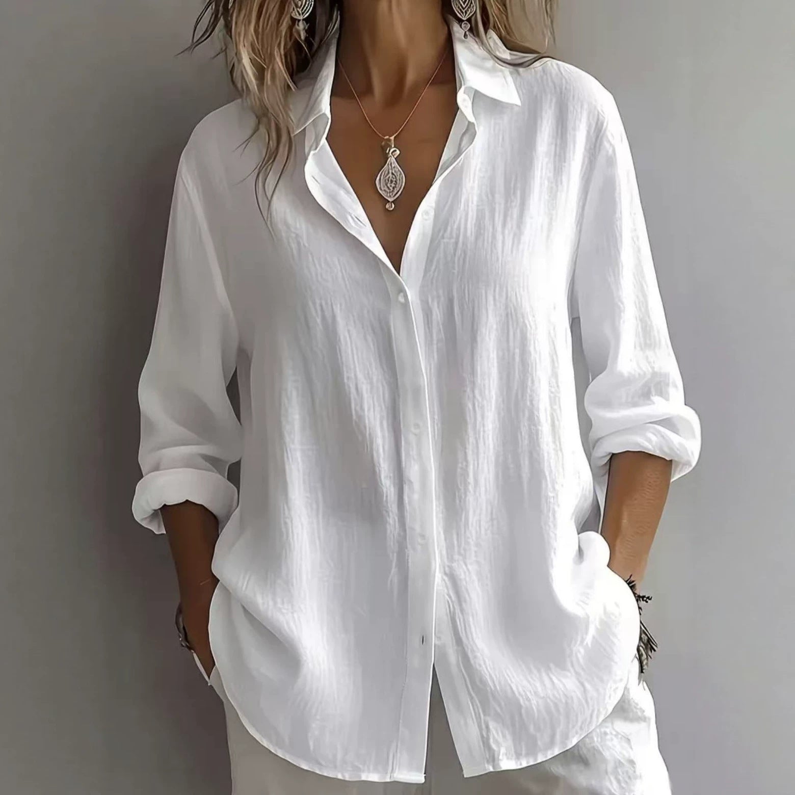 Women's Solid-Colored Linen Lapel Collar Long-Sleeve Casual Shirt