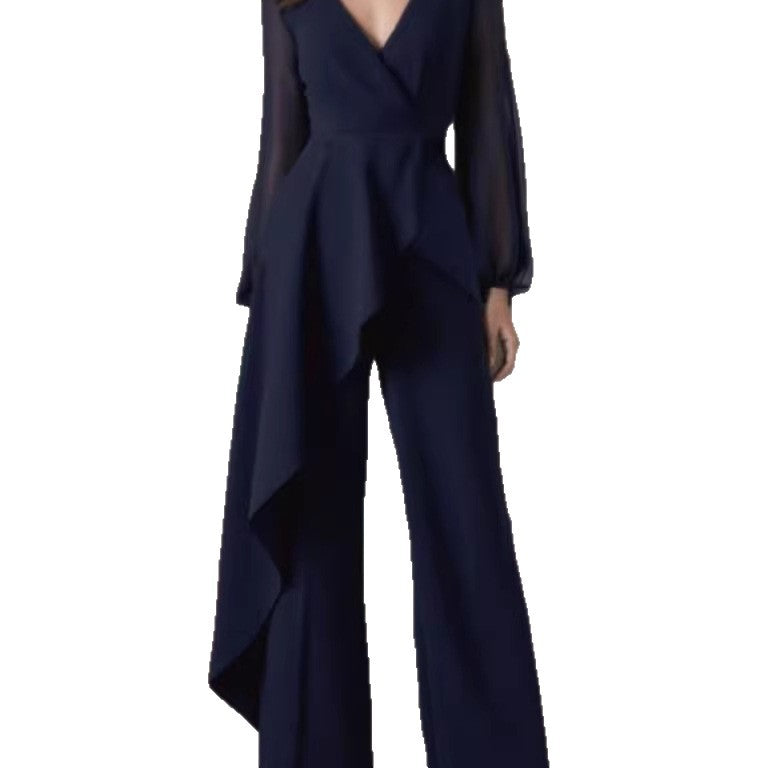 Elegant Navy Blue Long Sleeve Casual Jumpsuit