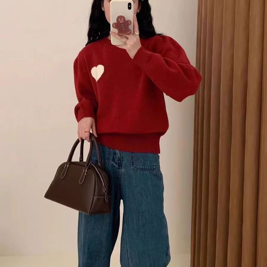 Korean Sweet Heart Embroidered Knit Sweater