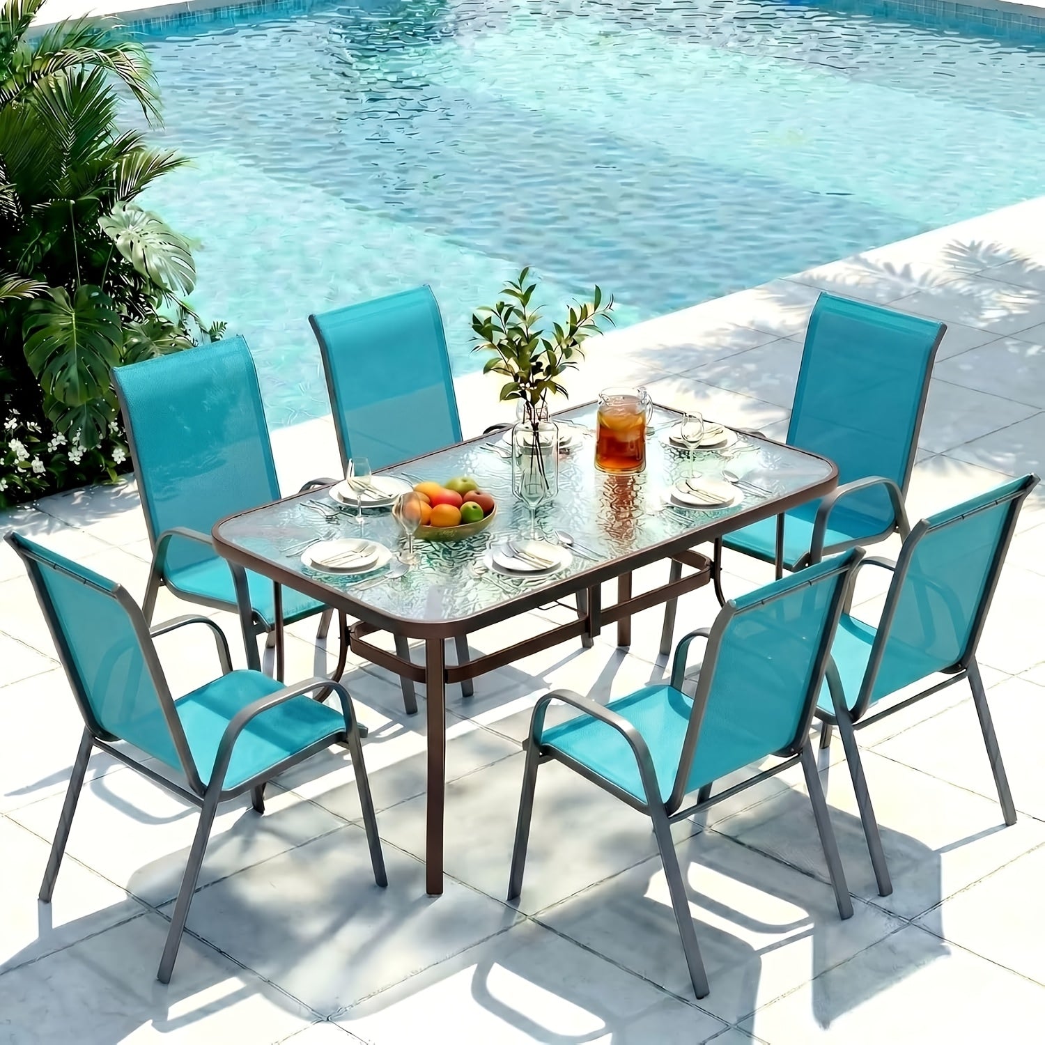 [All Weather Patio Set] Patio Dining Set for 6, Outdoor Table And Chairs W/ 1.69" Umbrella Hole, 30" X 55" Table And Stackable Textilene Chair, All Weather Patio Furniture Set (Umbrella Not Included)