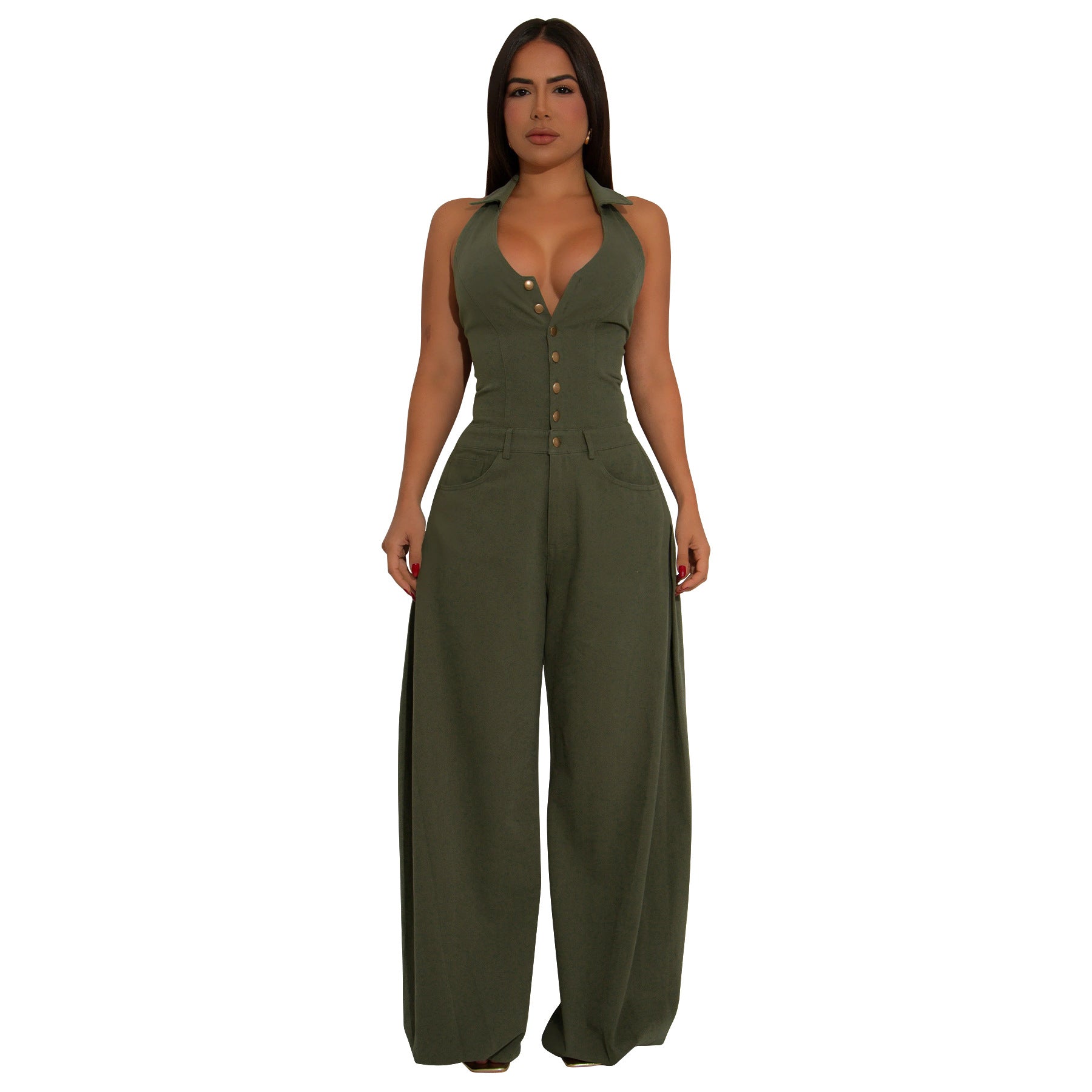 Fashionable Pocketed Sleeveless Backless Casual Jumpsuit