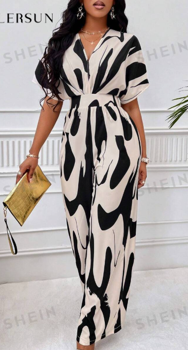 Print V-Neck Batwing Sleeve Jumpsuit