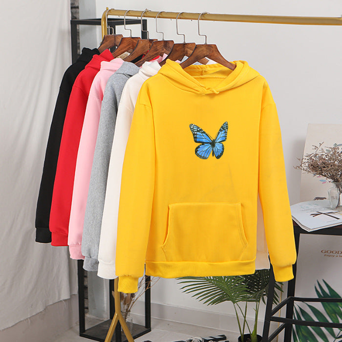 Cozy Fleece-Lined Butterfly Print Pullover Hoodie