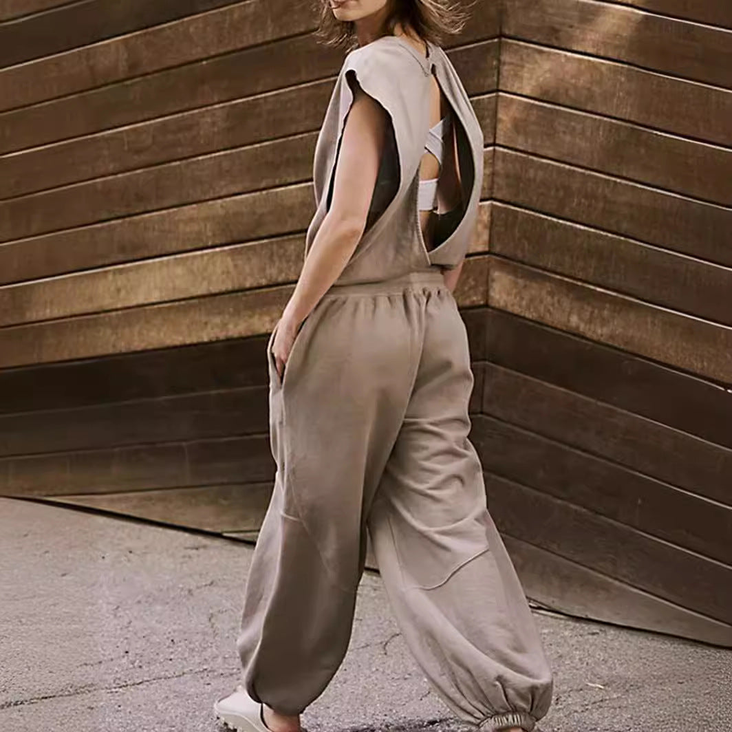 Women's Backless Loose Summer Jumpsuit with Pockets