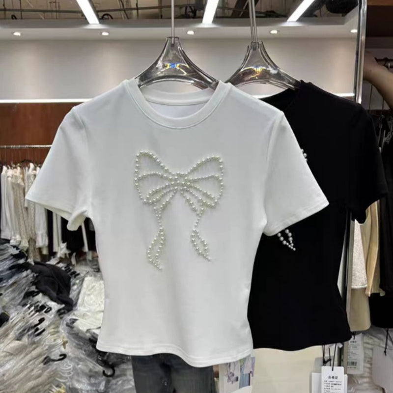 Elegant Beaded Pearl Bow Top – Slim Fit Short Sleeve