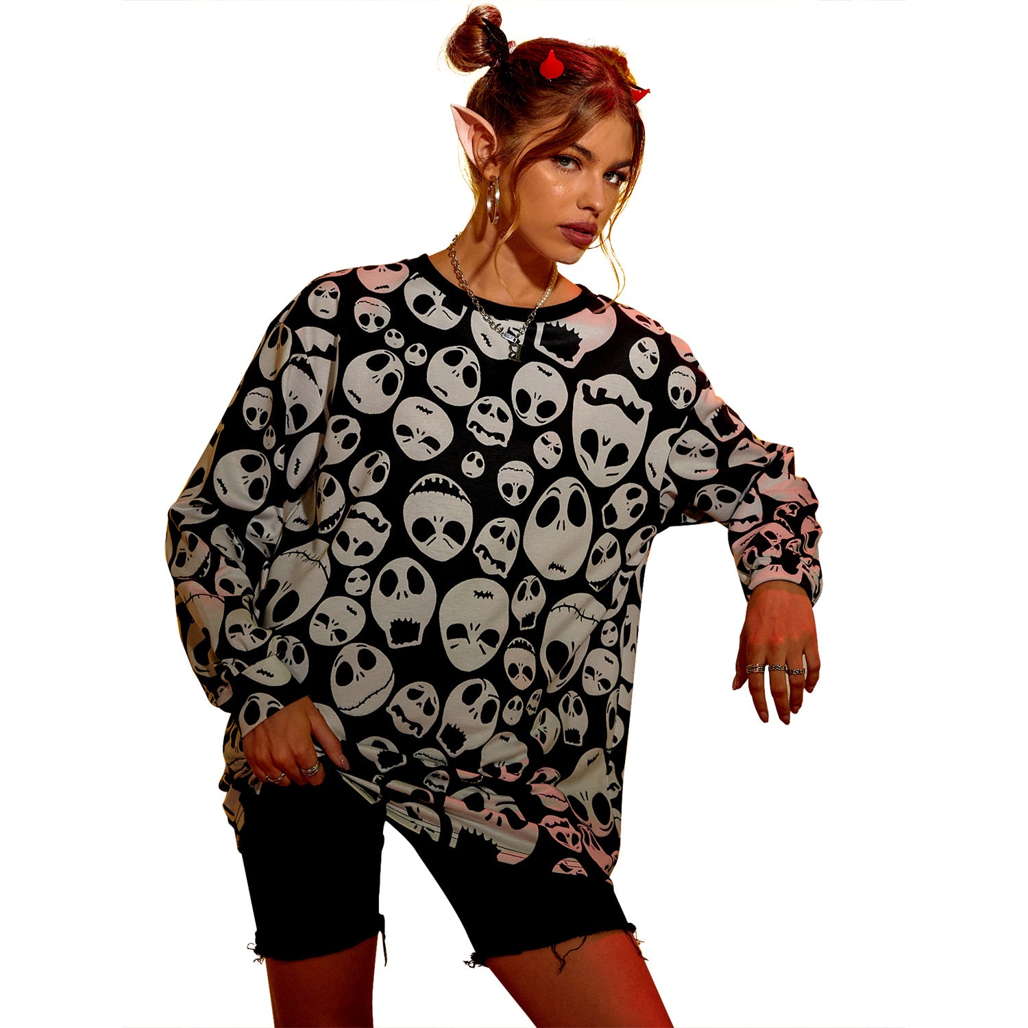 Hip Hop Pullover Women's Sweater Halloween Skull Printed Loose Top