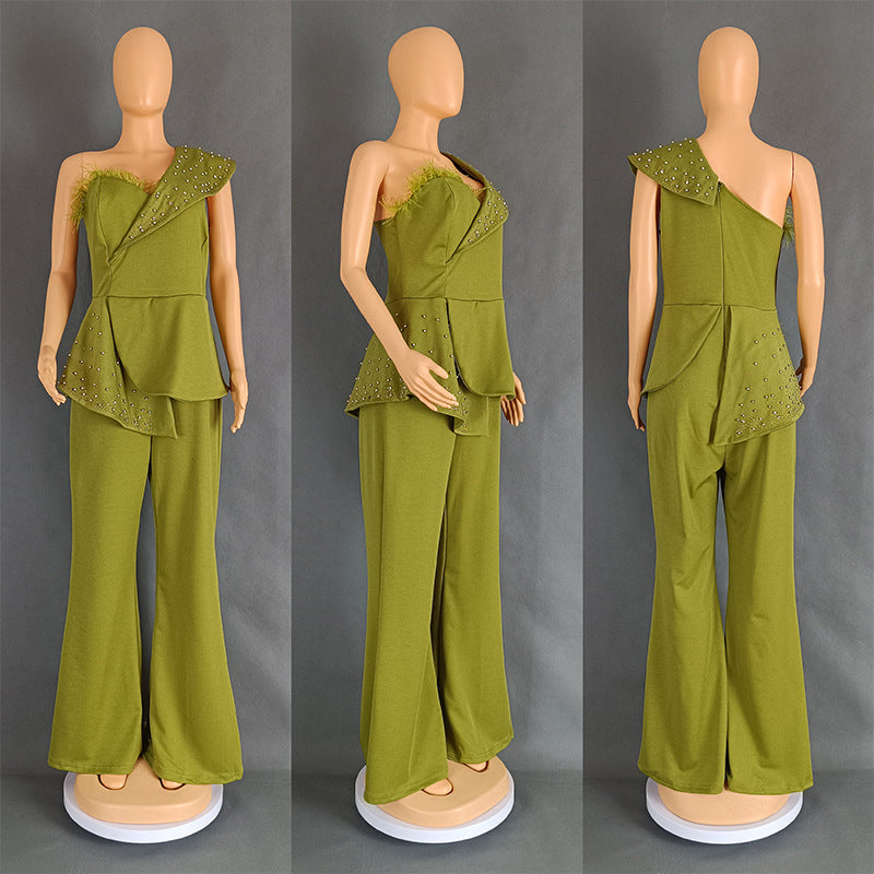 Feather Off-Shoulder High Waist Casual Jumpsuit