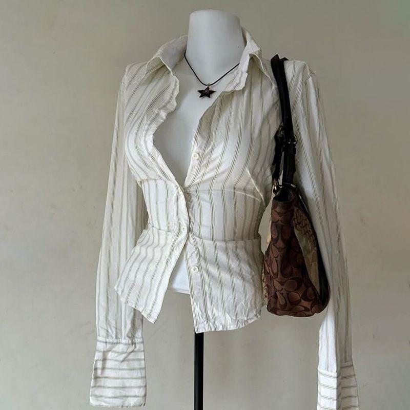 Ins-style Chic Commuter-striped Button-up Long-sleeve Shirt T-shirt For Women