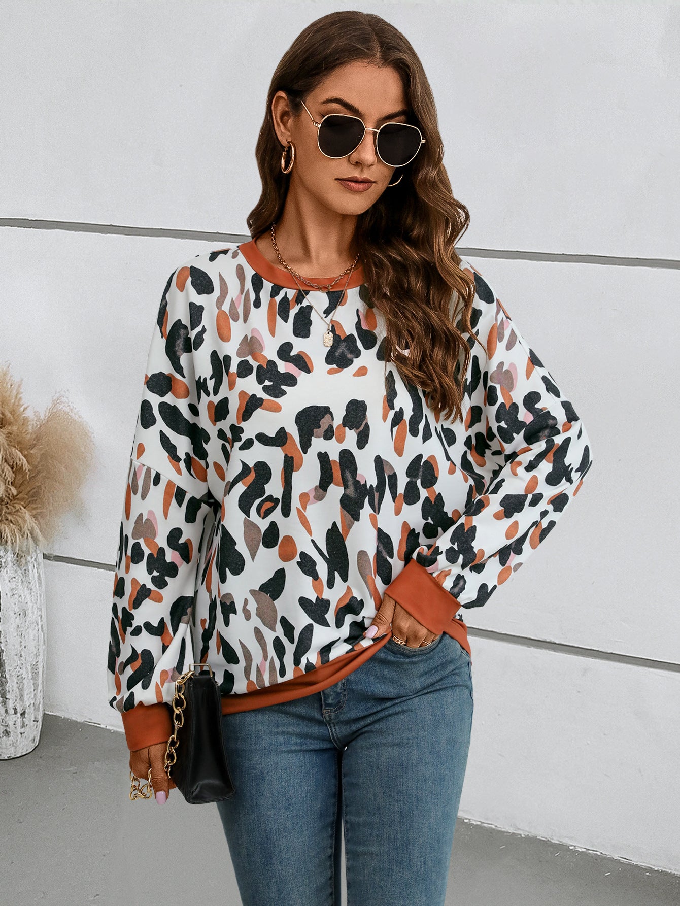 Chic Printed Lantern Sleeve Drop-Shoulder Sweater