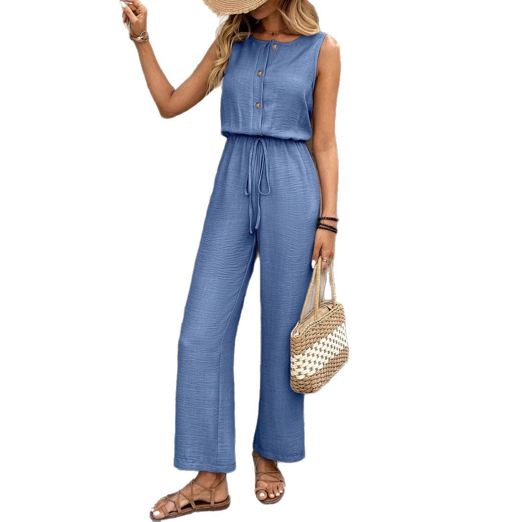 Chic Drawstring Straight-Leg Jumpsuit with Back Vent