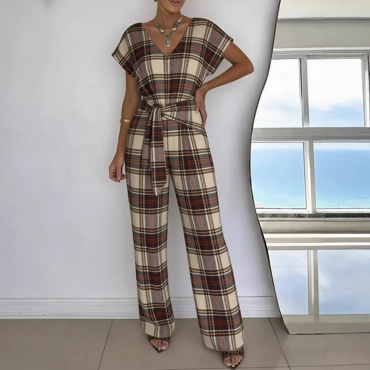 Chic V-Neck Belted Casual Jumpsuit