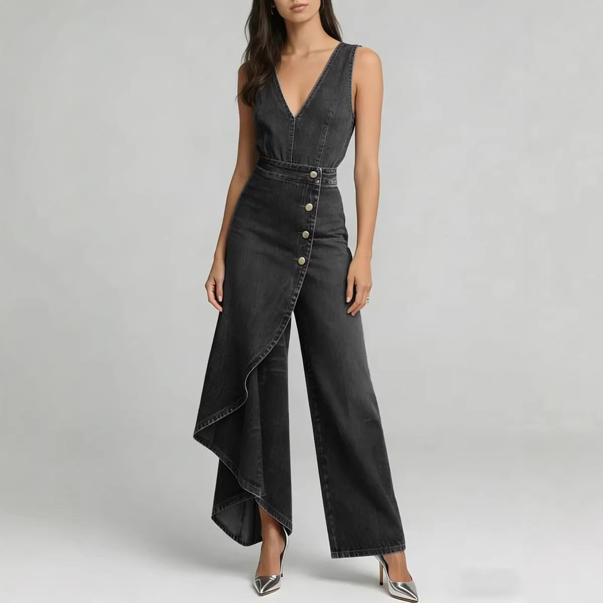 Western-style V-neck Asymmetrical Denim Jumpsuit