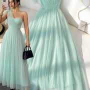 Womens Sleeveless Sheath Dress with Mesh One-shoulder Design and Lace-up Waist