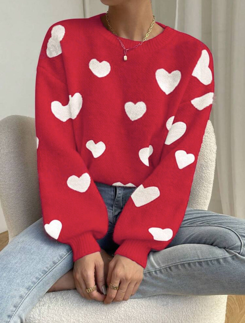 Round Neck Pullover All-matching Love Contrast Color Loose Casual Knitted Long Sleeve