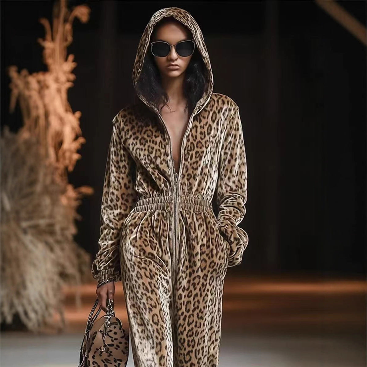 Leopard Print Hooded Long Sleeve Jumpsuit