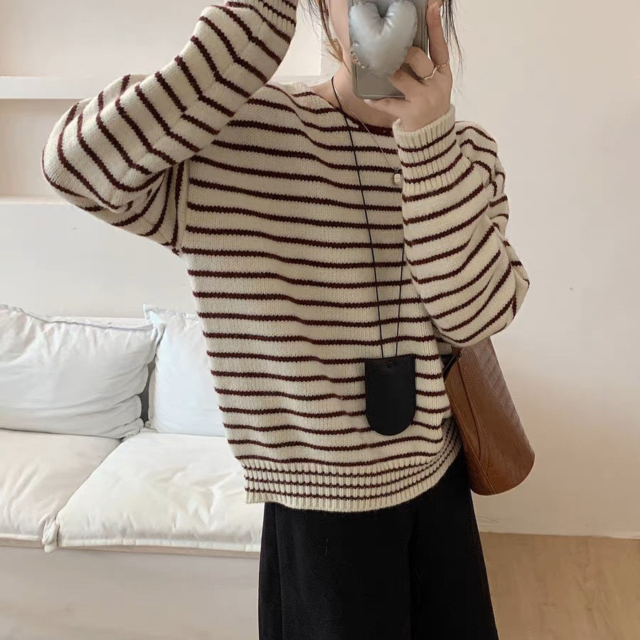 Korean-style Striped Knitted Casual Sweater Top for Women