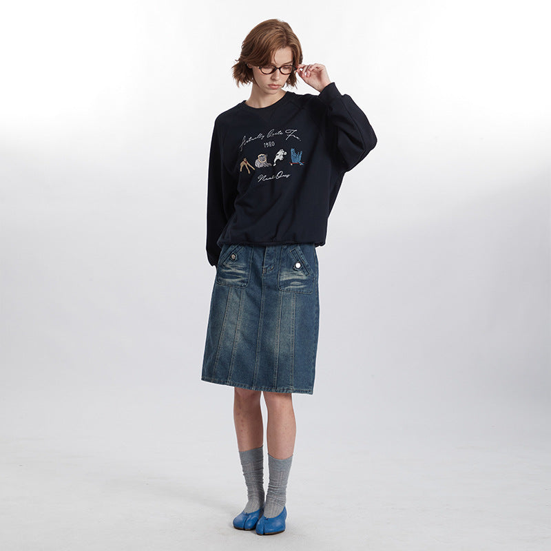 Retro Embroidered Round Neck Loose Long Sleeve Sweater