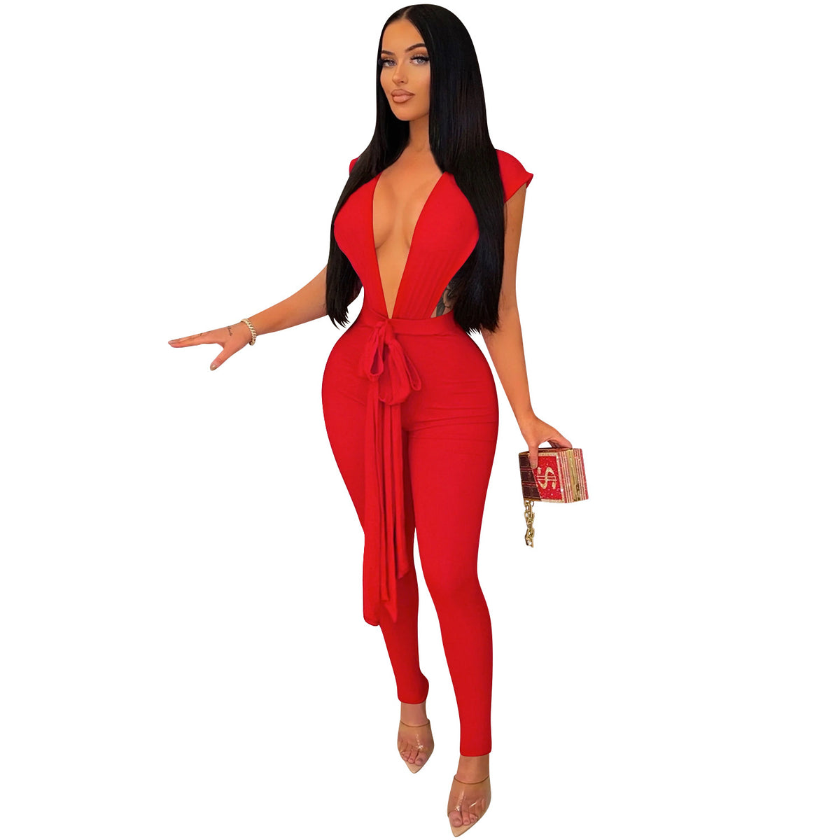 Women's Deep V-Neck Sleeveless Bandage Jumpsuit