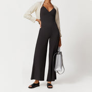 Suspender Lace-up Solid Color Backless V-neck Casual One-piece Trousers