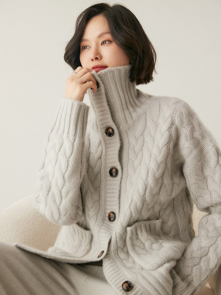 French Style Turtleneck Cashmere Cardigan for Women