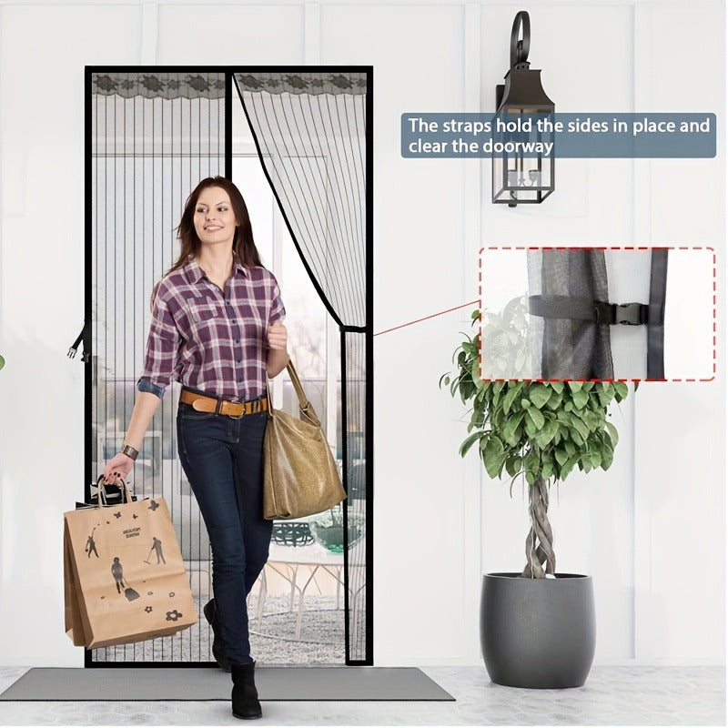 A Magnetic Mosquito-proof Door Curtain Made of Fine Mesh Material That Effectively Keeps Mosquitoes Away. It Features a Lace Design and Convenient Storage Straps, with a Magnetic Centre That Lets Pets