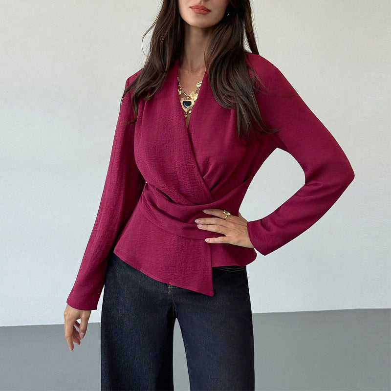 French Style Solid Color Long Sleeve Shirt Waist Slimming