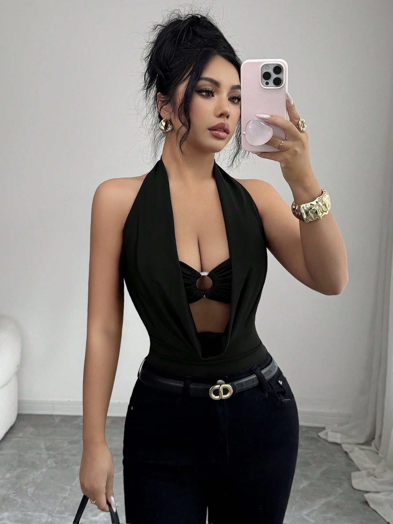 Womens Solid-color Deep V-neck Halter Hollow-out Ring-design Figure-flattering Jumpsuit