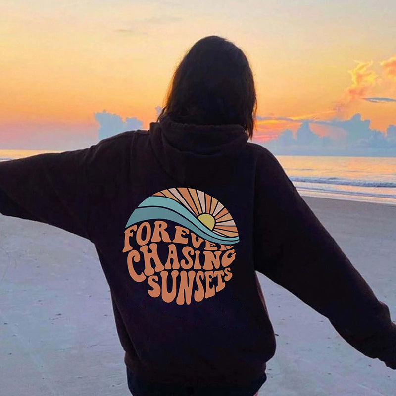Sunset Print Fleece-Lined Kangaroo Pocket Hoodie