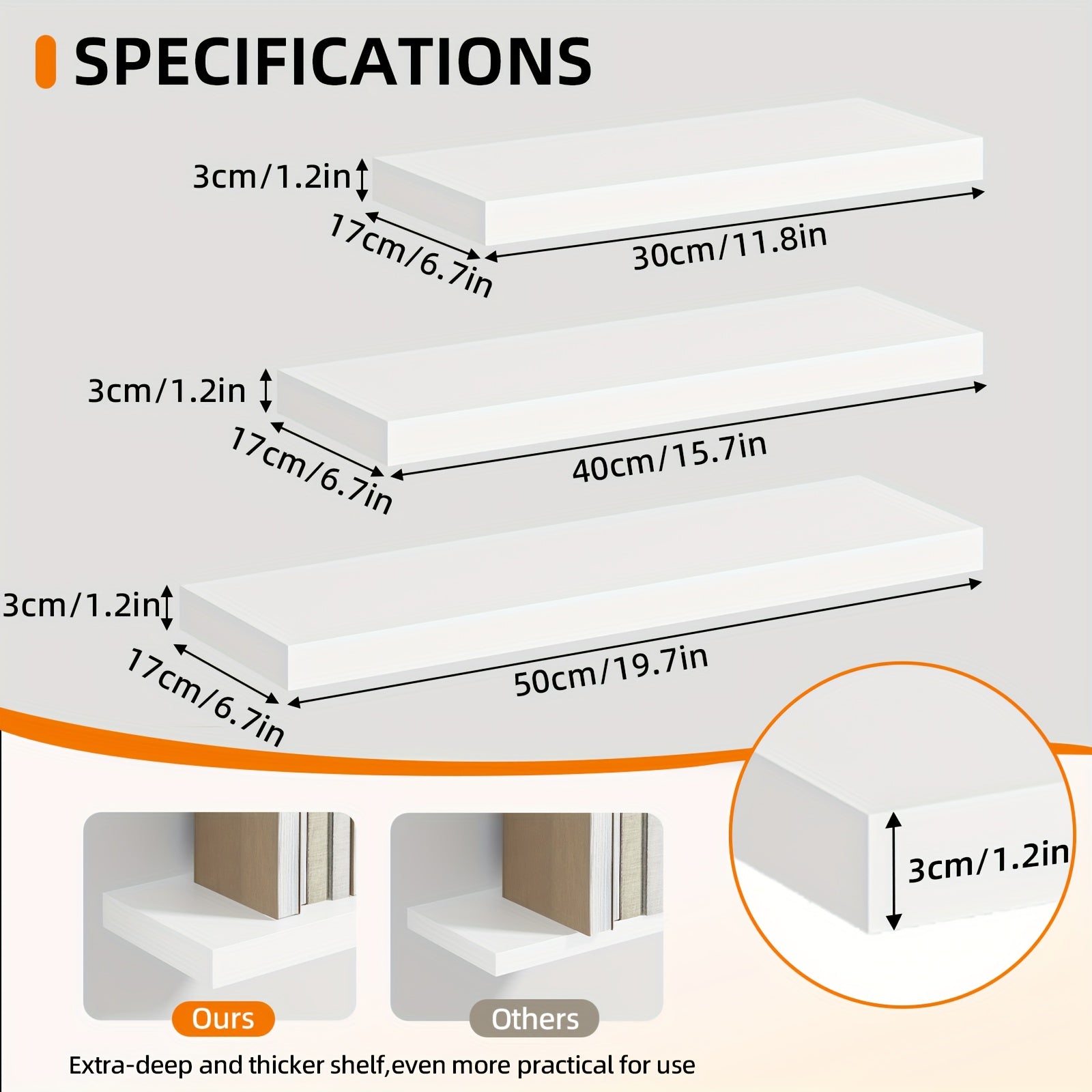 Set of wooden floating shelves for wall-mounted storage