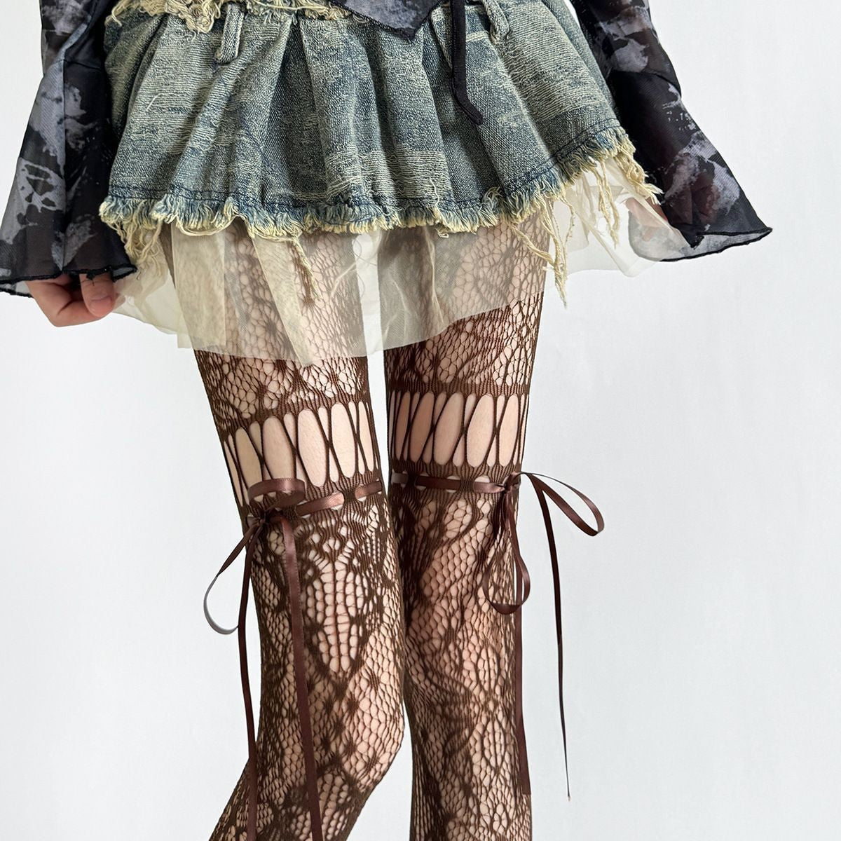 Dark Gothic Bow Fishnet Hollow-Out Pantyhose