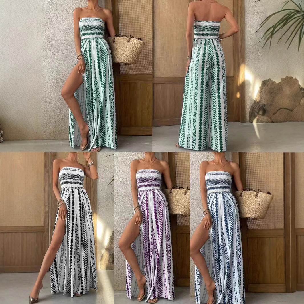 Chic Printed Tube Top Split Leg Jumpsuit