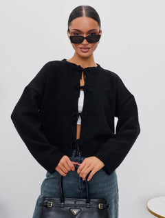 European and American European and American Leisure Loose Cardigan Lace-up Solid Color Knitted Sweater for Women