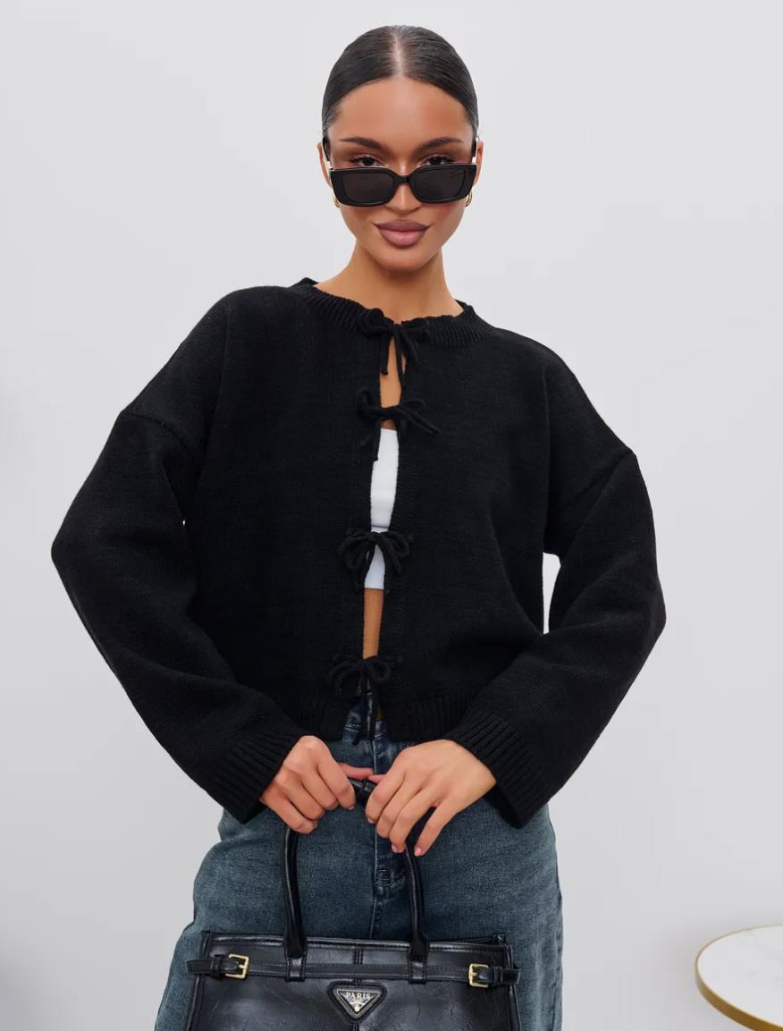 European and American European and American Leisure Loose Cardigan Lace-up Solid Color Knitted Sweater for Women