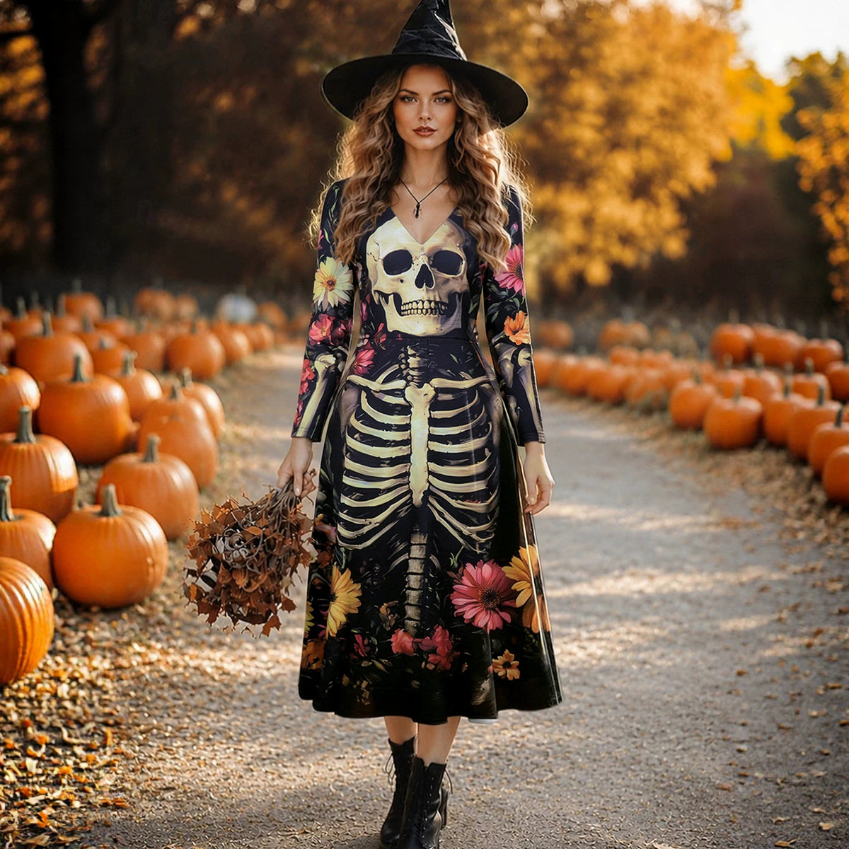 Women's Gothic Skull Print Witch Costume & Fantasy Party Dress