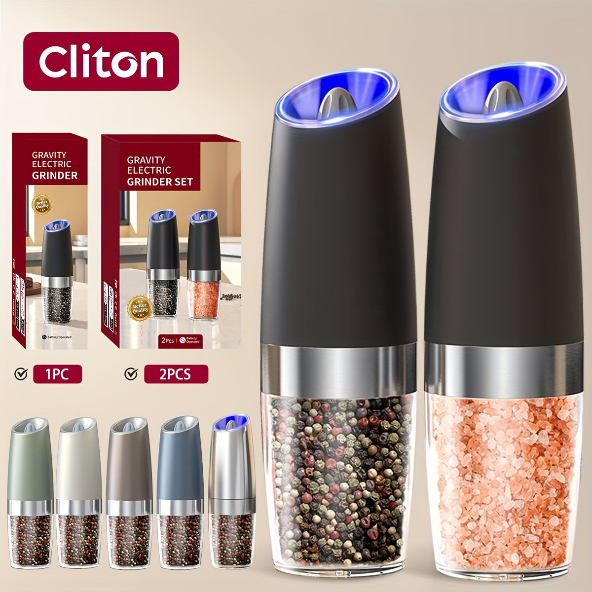 1pc/2pcss Electric Salt And Pepper Grinder, Automatic Pepper Mill, Salt And Pepper Grinder Electric 2pcs, Tilted Automatic Grind With LED Light, Battery Powered, Adjustable Coarseness, Easy To Clea...