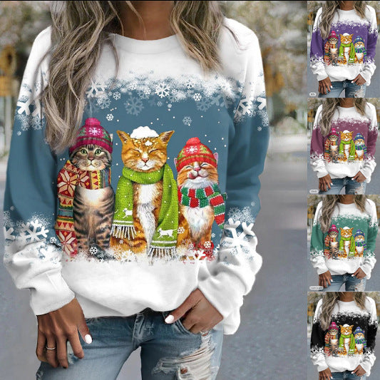 Festive Christmas Snowman & Cat Long Sleeve Casual T-Shirt