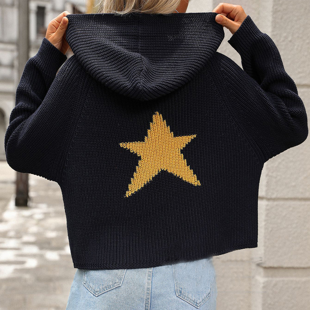 Stars Cropped Zip Hoodie Casual Long Sleeve Pocket Pullover