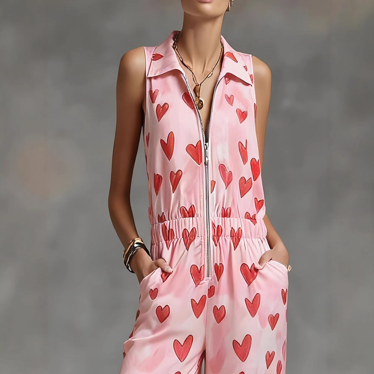 Women's Love Print Casual Sleeveless Jumpsuit
