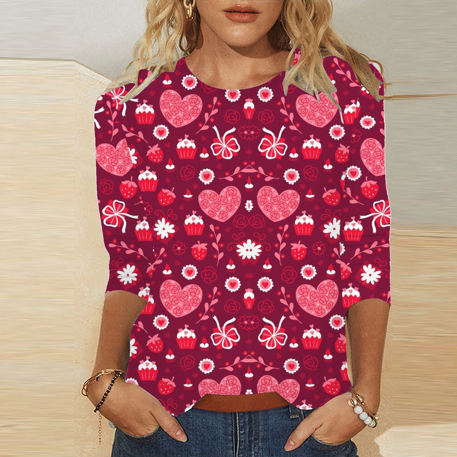 Valentine's Heart Print Casual Crew Neck T-Shirt