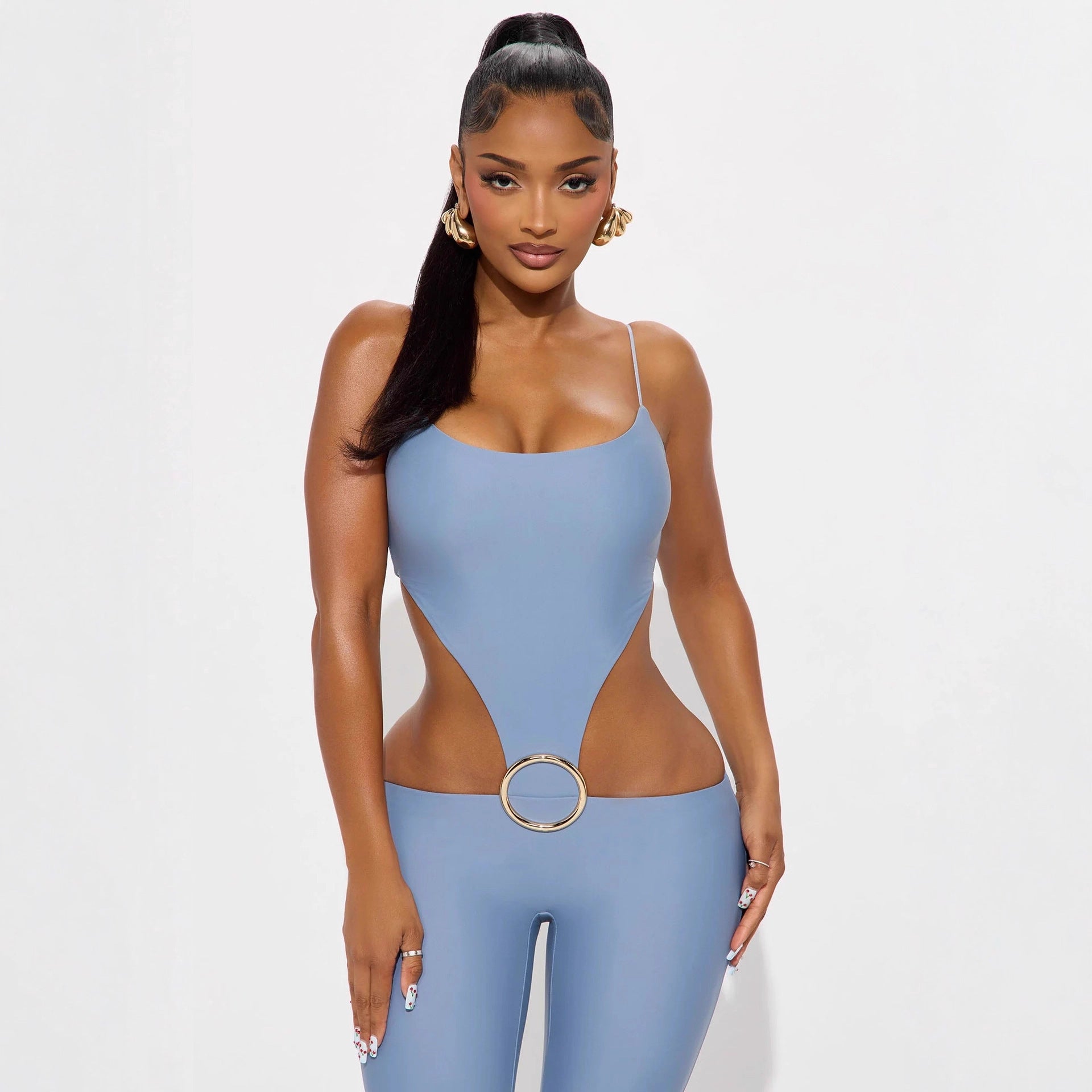 Sexy Hollow-Out Strap Top & Slim-Fit Mid-Waist Jumpsuit