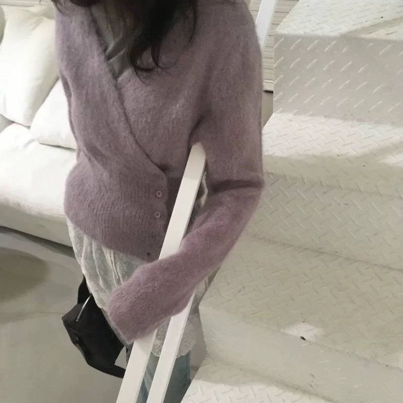 Slimming Long-sleeved Knitted Sweater with Diagonal Button-down Design Women's Top