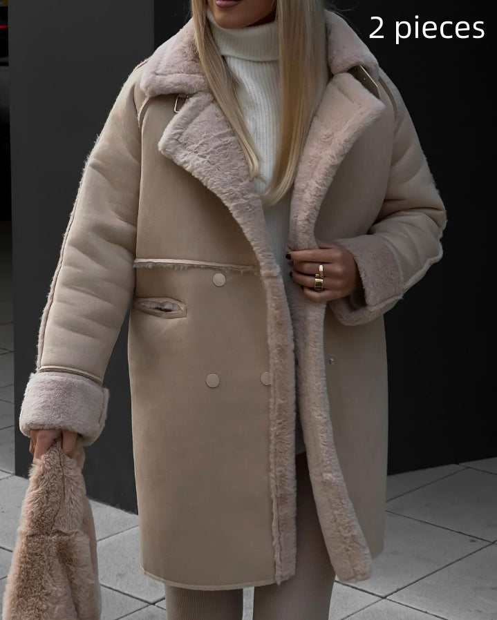 Plush Suede Long Cardigan Coat with Collar