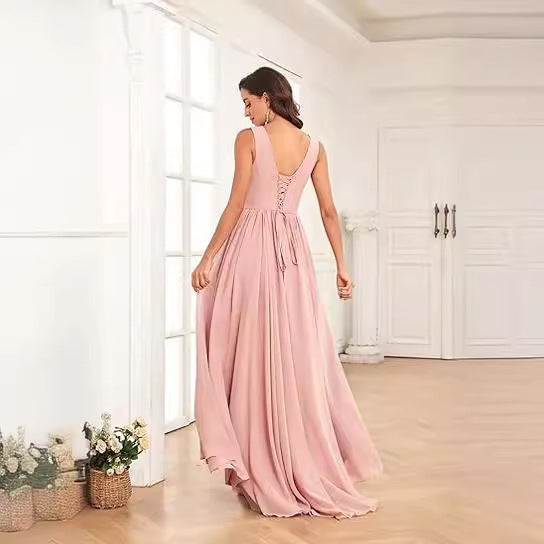 V-neck Pleated Slit Chiffon Dress with Tie Straps