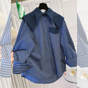 Retro Striped Fake Two-Piece Plus-Size Shirt For Women