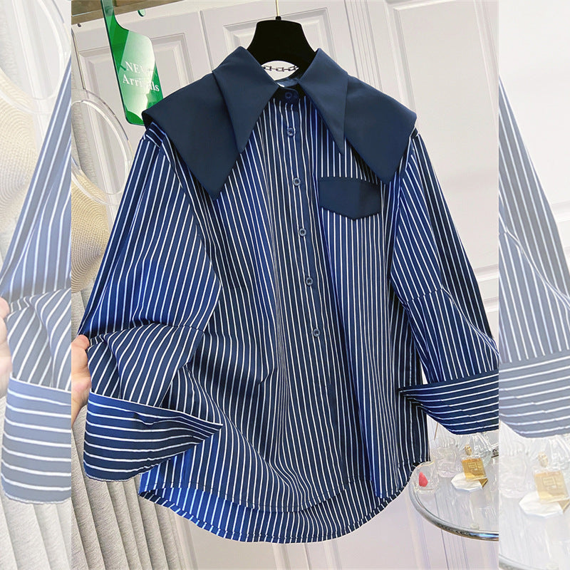Retro Striped Fake Two-Piece Plus-Size Shirt For Women