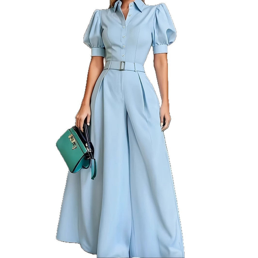 Elegant French Puff Sleeve Belted Wide-Leg Jumpsuit