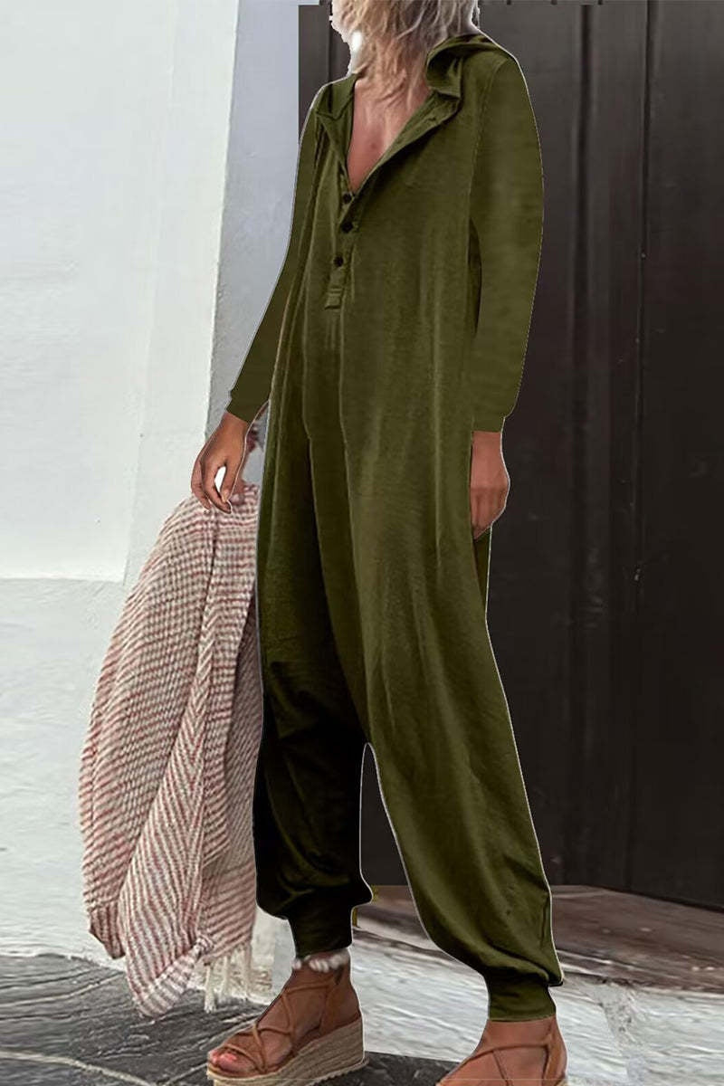 Casual Hooded Pocket Long Sleeve Jumpsuit Baggy Pants