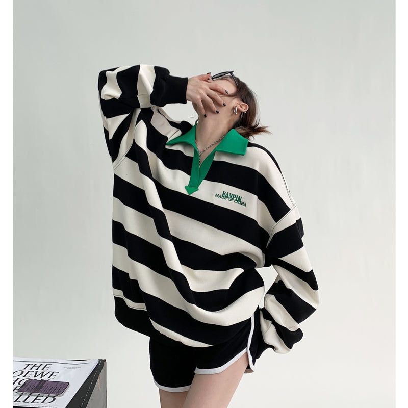 Men's Striped Embroidered Lapel Sweatshirt Pullover